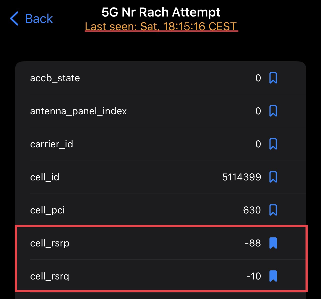 Uno screenshot che mostra la pagina 5G Nr Rach Attempt del FieldTest
