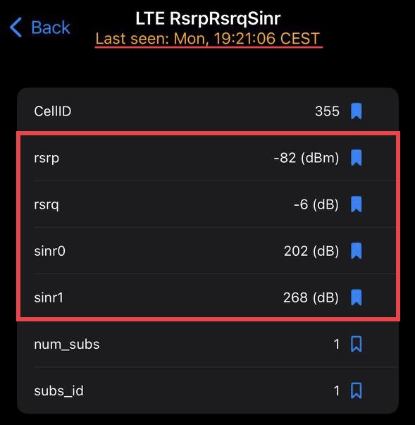 Uno screenshot che mostra la pagina LTE RsrpRsrqSinr del FieldTest